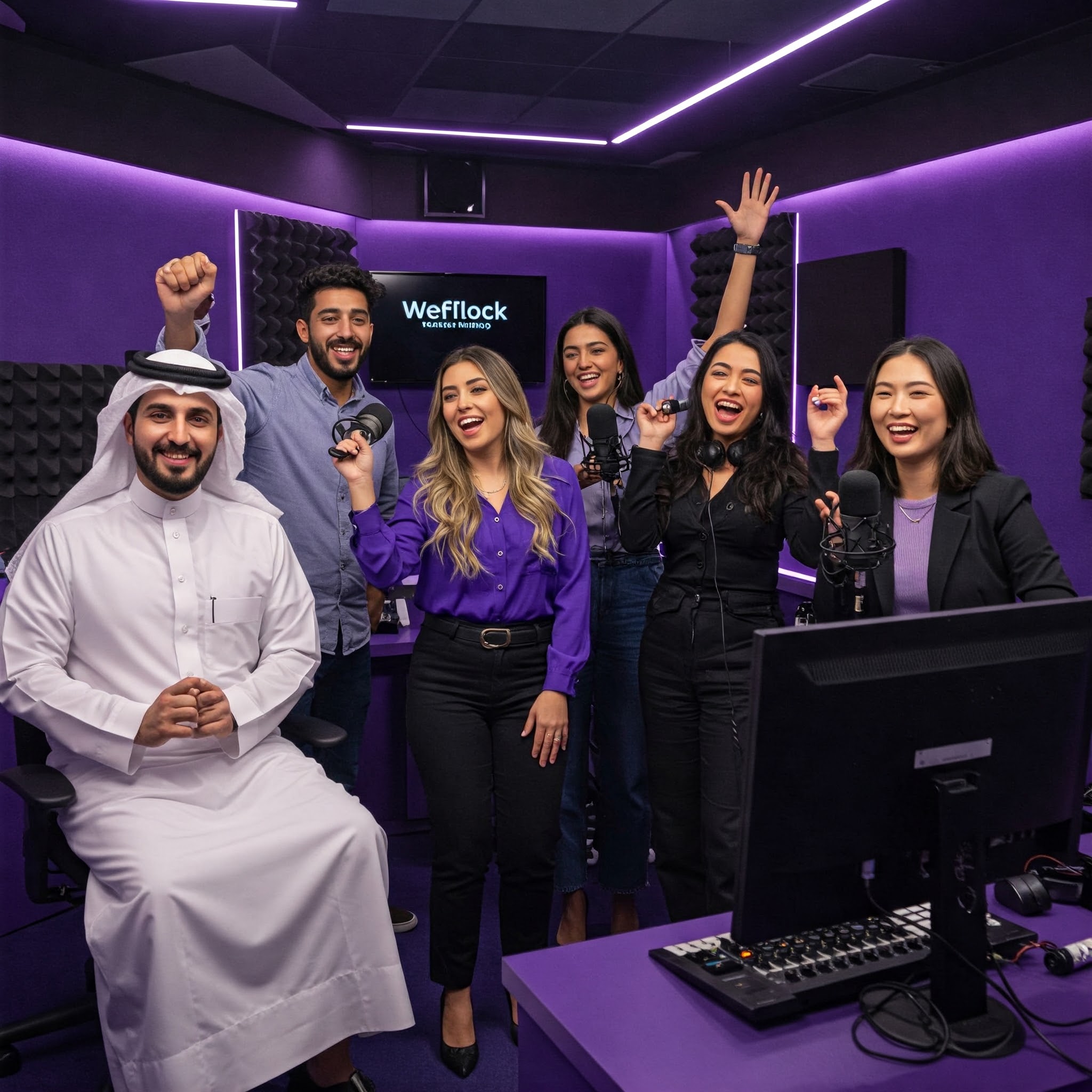 Weflock Team - Diverse group in purple podcast studio celebrating together